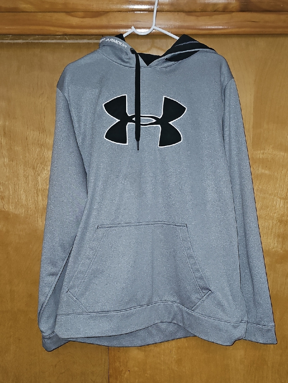 Under Armour Gray Pullover Hoodie with embroidered letters and black logo